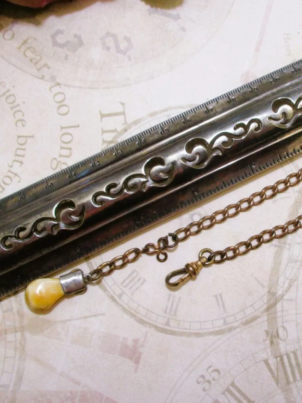 Vintage LOOM Tooth Watch Fob Chain, Guilloche Enamel Heart, Gold Filled